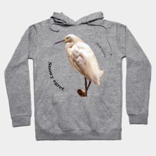 Snowy egret tropical bird pin black text Hoodie